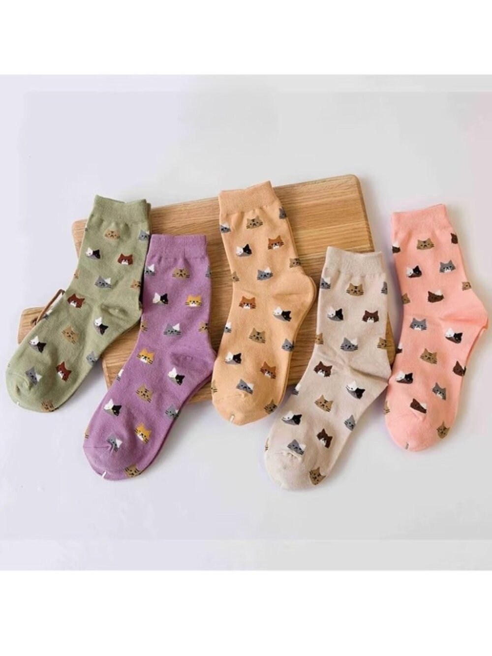5-Pack Women's Cute Cartoon Cat Head All Over Print Mid Crew Cut Socks Mixed Set